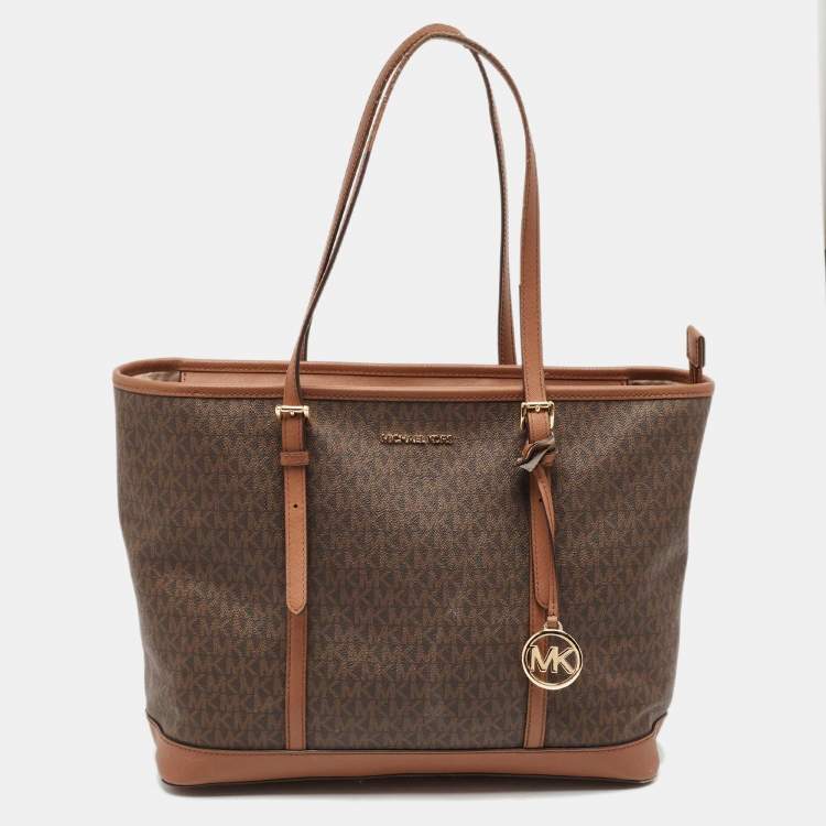 Pre Owned Michael Kors Brown Signature Coated Canvas Jet Set Travel Tote