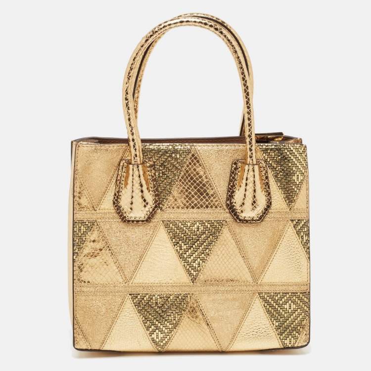 Pre Owned Michael Kors Gold Leather Patch Mercer Tote