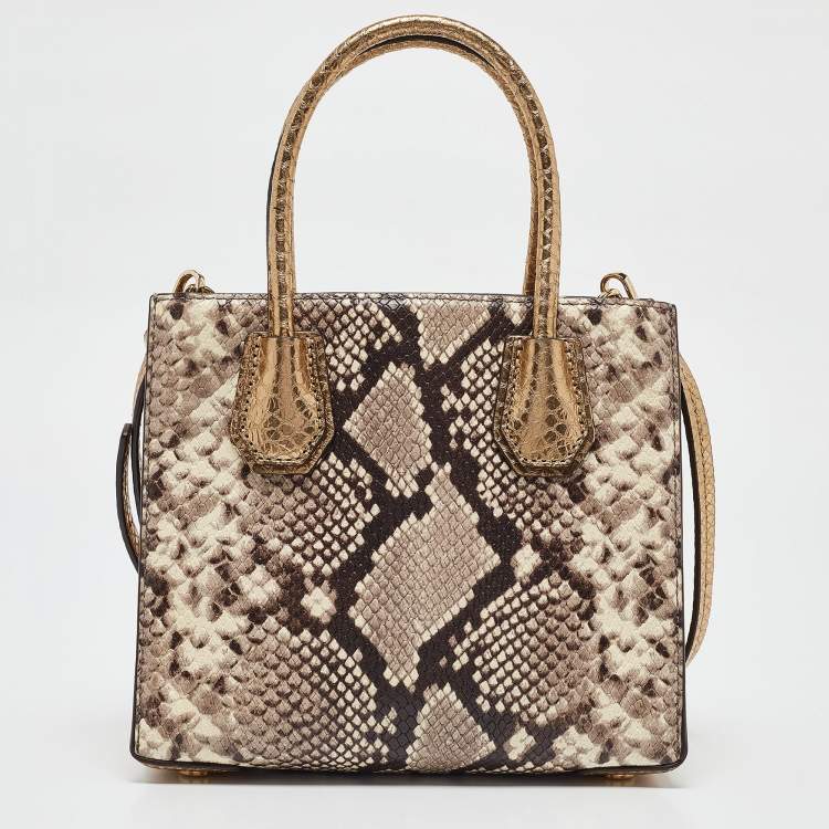 Pre Owned Michael Kors Beige/Gold Python Embossed Leather Mini Mercer Tote