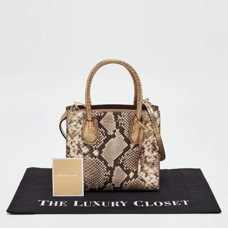 Pre Owned Michael Kors Beige/Gold Python Embossed Leather Mini Mercer Tote