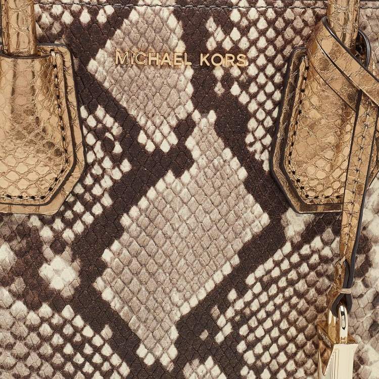 Pre Owned Michael Kors Beige/Gold Python Embossed Leather Mini Mercer Tote