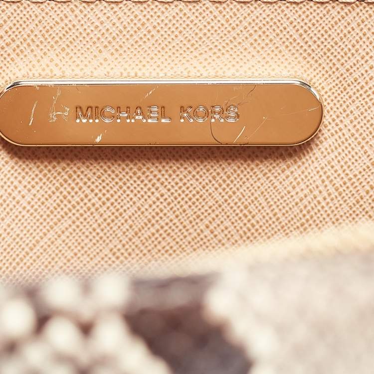 Pre Owned Michael Kors Beige/Gold Python Embossed Leather Mini Mercer Tote