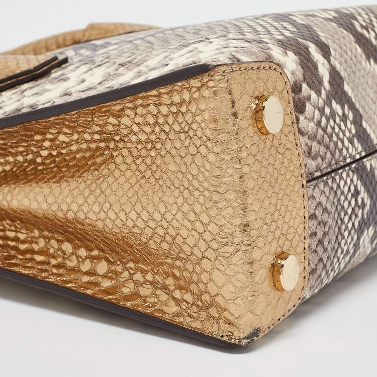 Pre Owned Michael Kors Beige/Gold Python Embossed Leather Mini Mercer Tote