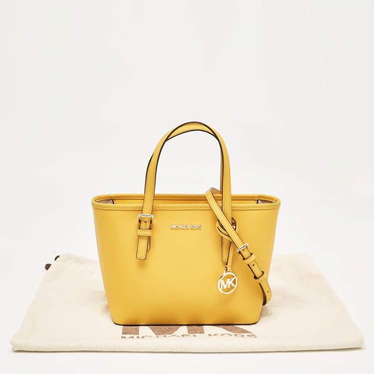 Pre Owned MICHAEL Michael Kors Yellow Saffiano Leather Extra-Small Jet Set Travel Tote