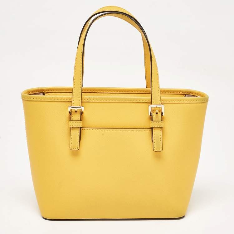 Pre Owned MICHAEL Michael Kors Yellow Saffiano Leather Extra-Small Jet Set Travel Tote