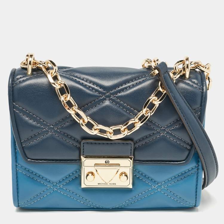 Pre Owned Michael Kors Two Tone Blue Quilted Faux Leather Small Serena Crossbody Bag