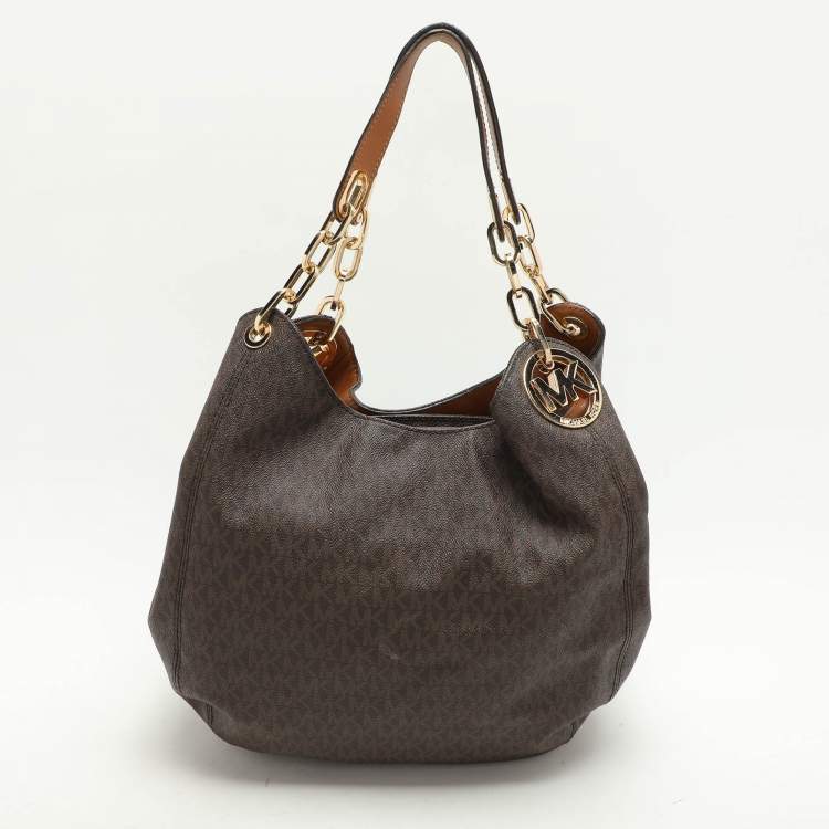 Pre Owned Michael Kors Dark Brown Signature Coated Canvas and Leather Fulton Hobo