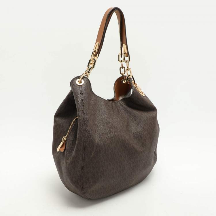 Pre Owned Michael Kors Dark Brown Signature Coated Canvas and Leather Fulton Hobo