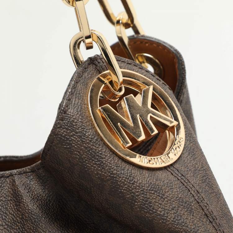 Pre Owned Michael Kors Dark Brown Signature Coated Canvas and Leather Fulton Hobo