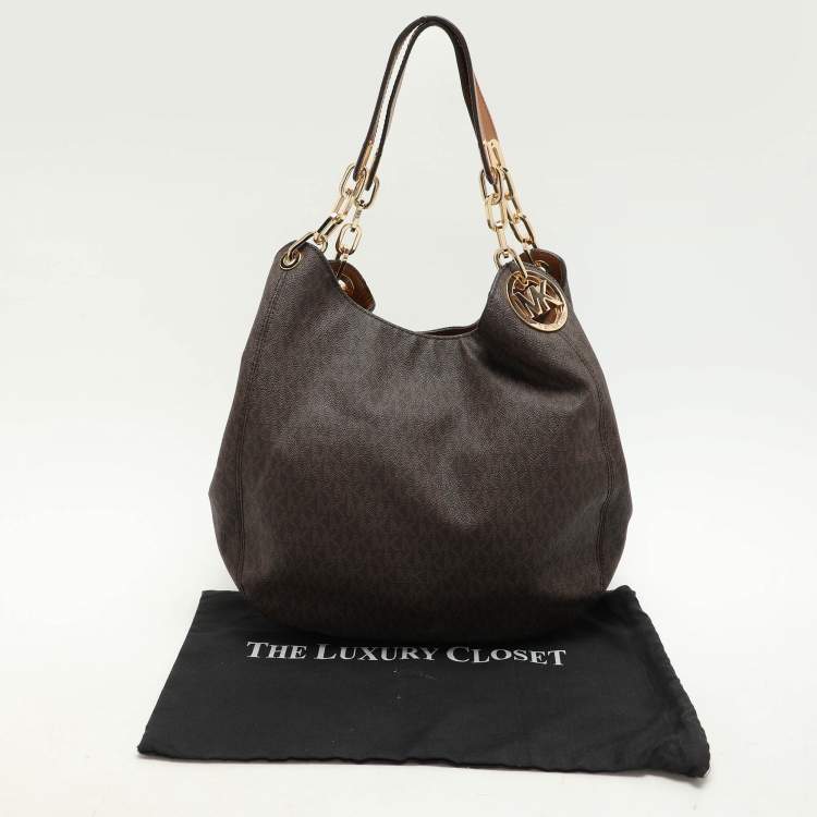 Pre Owned Michael Kors Dark Brown Signature Coated Canvas and Leather Fulton Hobo