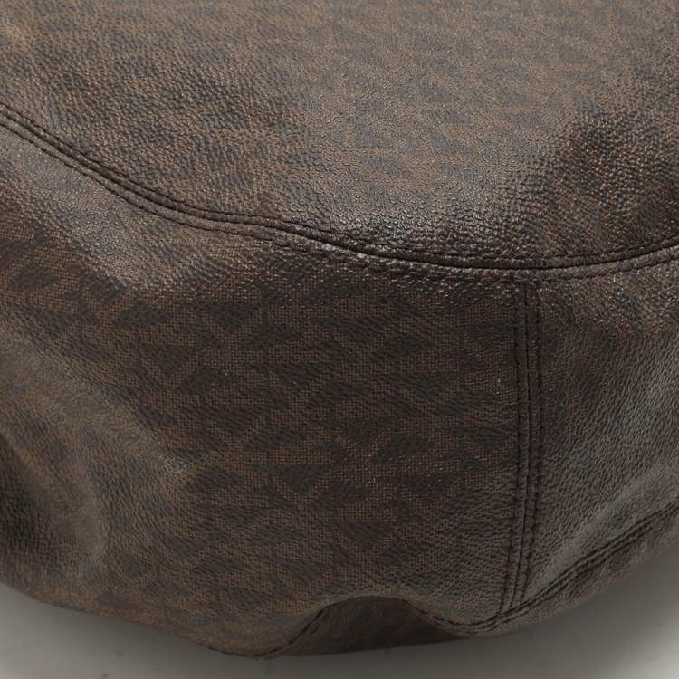 Pre Owned Michael Kors Dark Brown Signature Coated Canvas and Leather Fulton Hobo