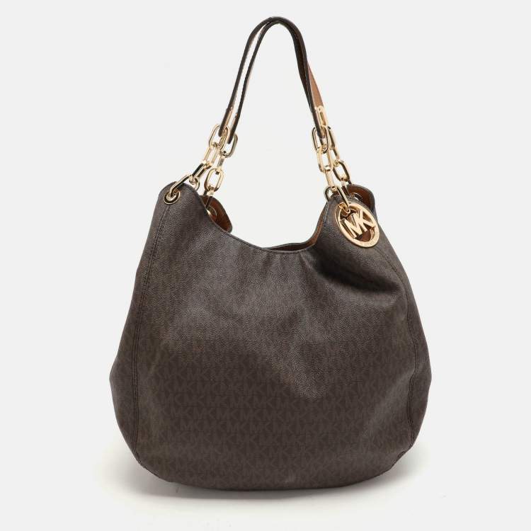 Pre Owned Michael Kors Dark Brown Signature Coated Canvas and Leather Fulton Hobo