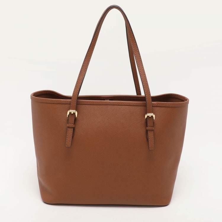 Pre Owned Michael Kors Brown Saffiano Leather Small Jet Set Travel Tote