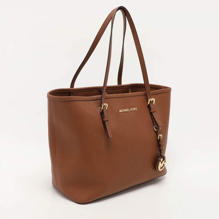 Pre Owned Michael Kors Brown Saffiano Leather Small Jet Set Travel Tote