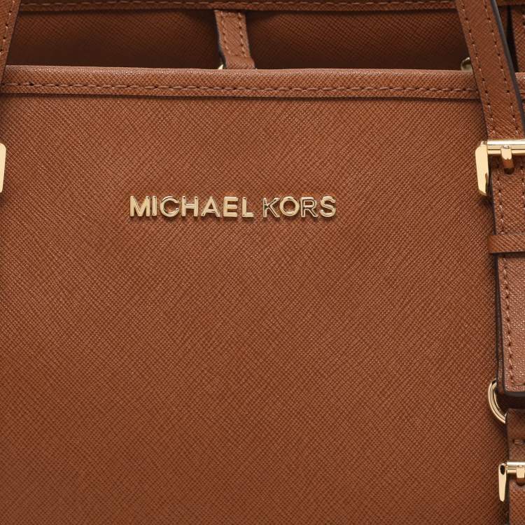 Pre Owned Michael Kors Brown Saffiano Leather Small Jet Set Travel Tote