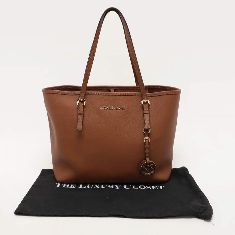 Pre Owned Michael Kors Brown Saffiano Leather Small Jet Set Travel Tote