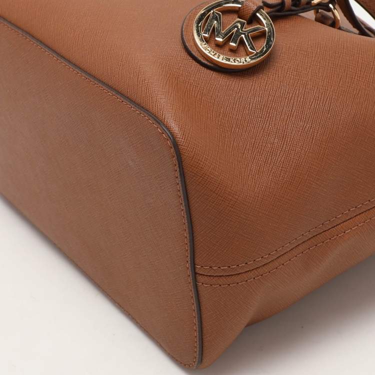 Pre Owned Michael Kors Brown Saffiano Leather Small Jet Set Travel Tote