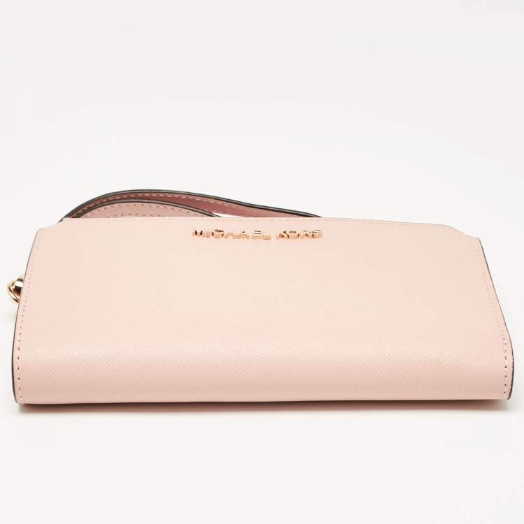 Pre Owned Michael Kors Pink Leather Jet Set Travel Zip Wristlet Wallet