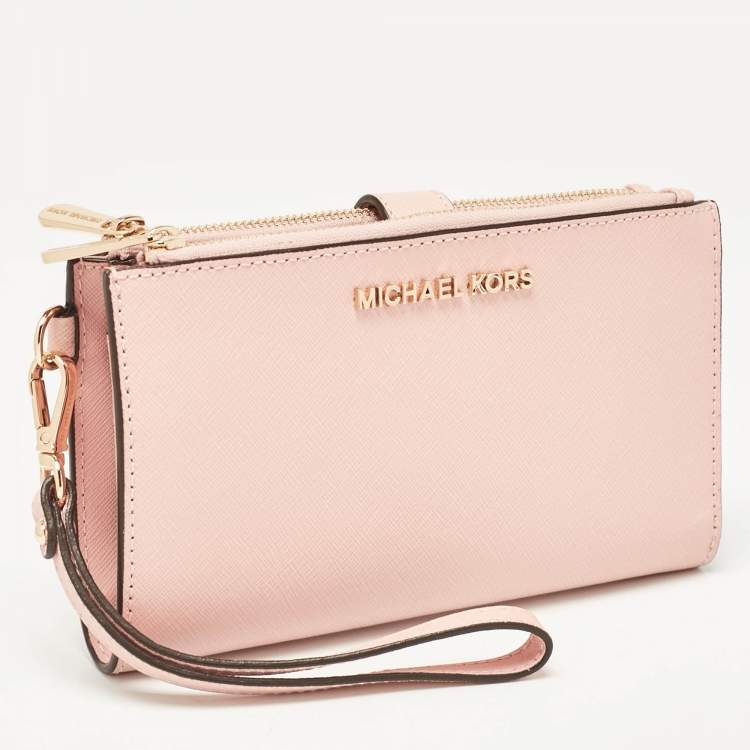 Pre Owned Michael Kors Pink Leather Jet Set Travel Zip Wristlet Wallet