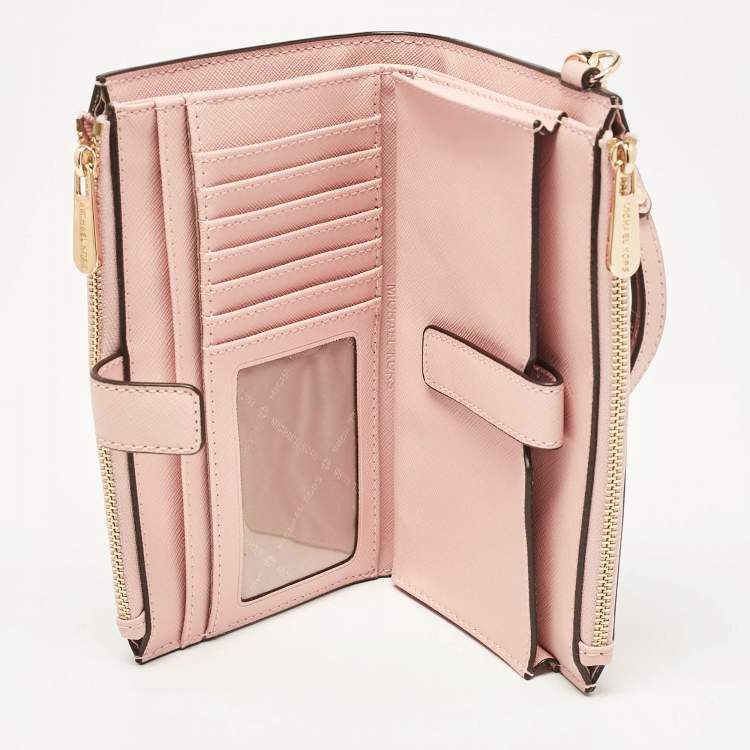 Pre Owned Michael Kors Pink Leather Jet Set Travel Zip Wristlet Wallet