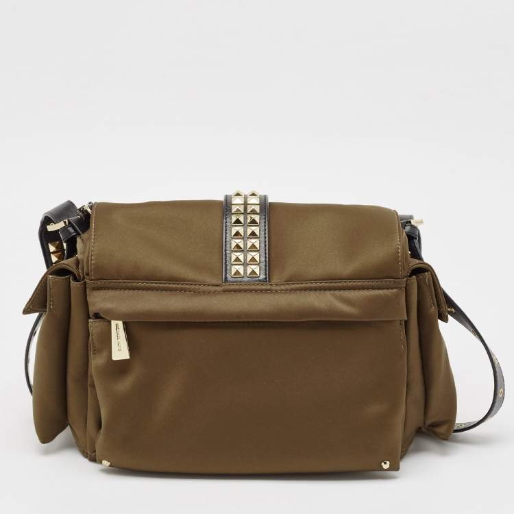 Pre Owned Michael Kors Green/Black Studded Satin Olivia Shoulder Bag