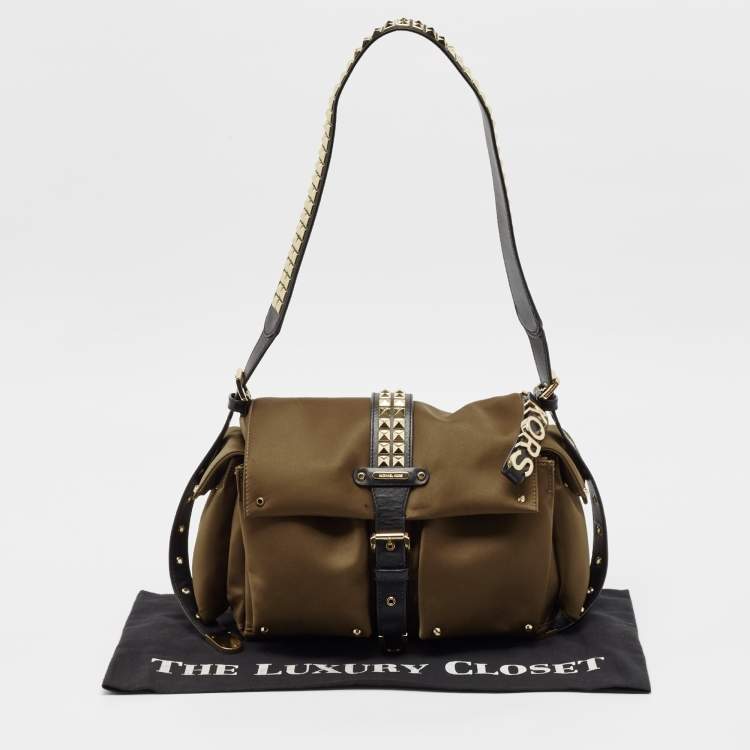 Pre Owned Michael Kors Green/Black Studded Satin Olivia Shoulder Bag