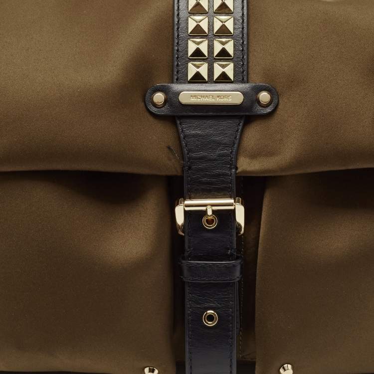 Pre Owned Michael Kors Green/Black Studded Satin Olivia Shoulder Bag