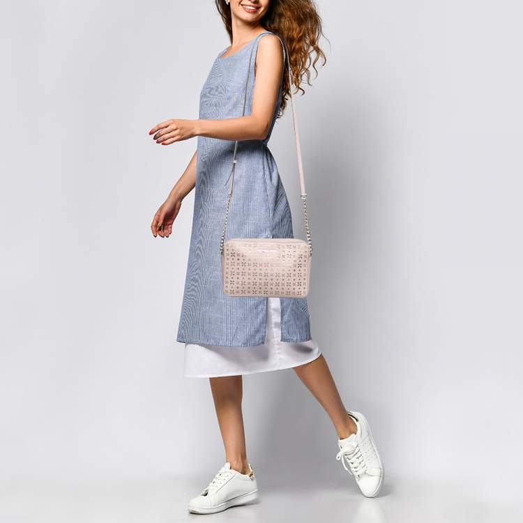 Pre Owned Michael Kors Light Pink Leather Lasercut East West Crossbody Bag