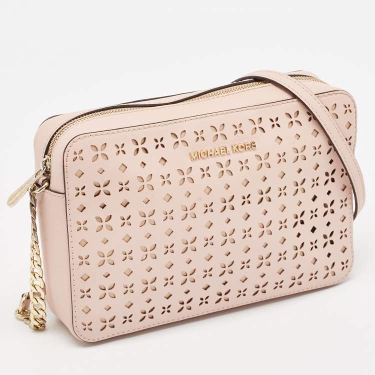 Pre Owned Michael Kors Light Pink Leather Lasercut East West Crossbody Bag