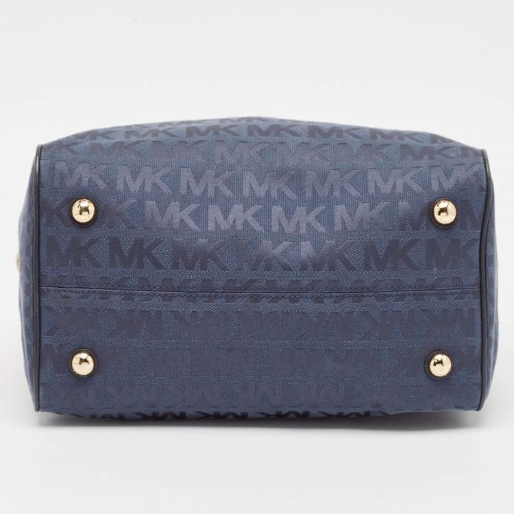Pre Owned Michael Kors Navy Blue Signature Canvas and Leather Grayson Satchel