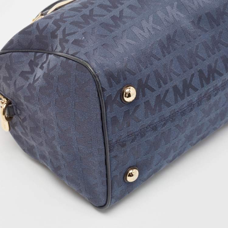 Pre Owned Michael Kors Navy Blue Signature Canvas and Leather Grayson Satchel