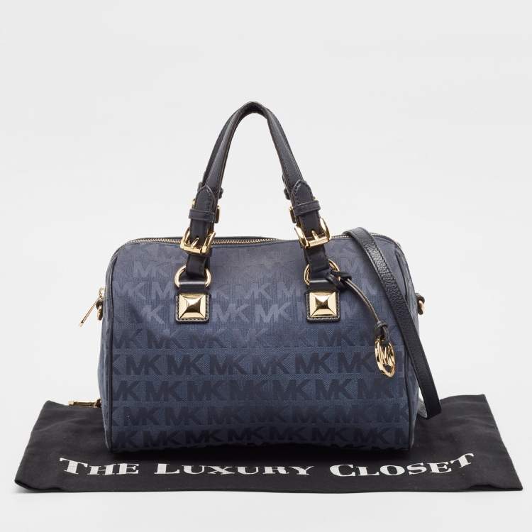 Pre Owned Michael Kors Navy Blue Signature Canvas and Leather Grayson Satchel