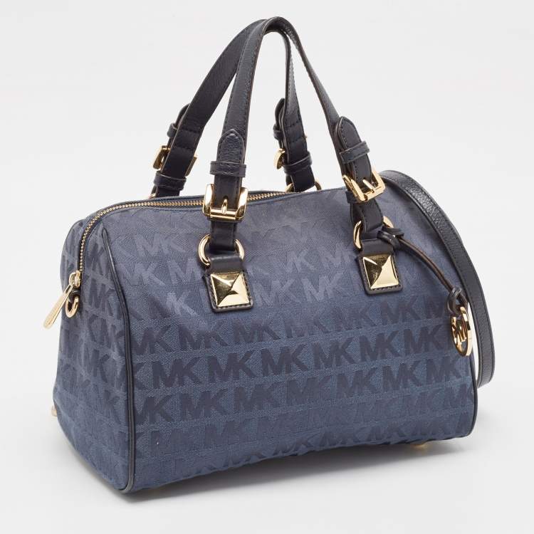 Pre Owned Michael Kors Navy Blue Signature Canvas and Leather Grayson Satchel