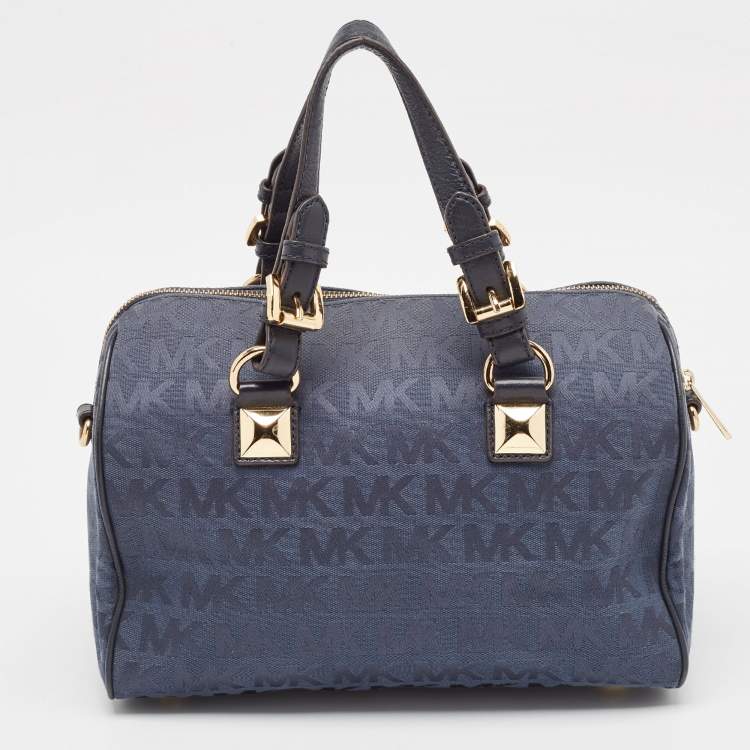 Pre Owned Michael Kors Navy Blue Signature Canvas and Leather Grayson Satchel