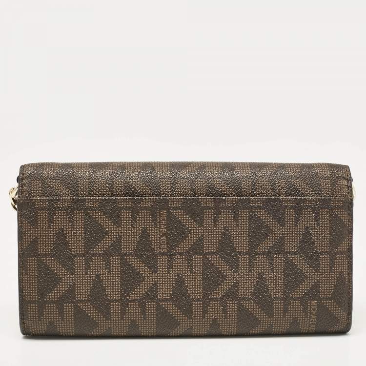 Pre Owned Michael Kors Dark Brown Signature Coated Canvas Jet Set Wallet On Chain
