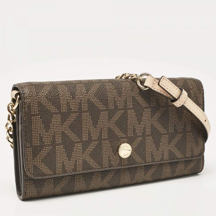 Pre Owned Michael Kors Dark Brown Signature Coated Canvas Jet Set Wallet On Chain