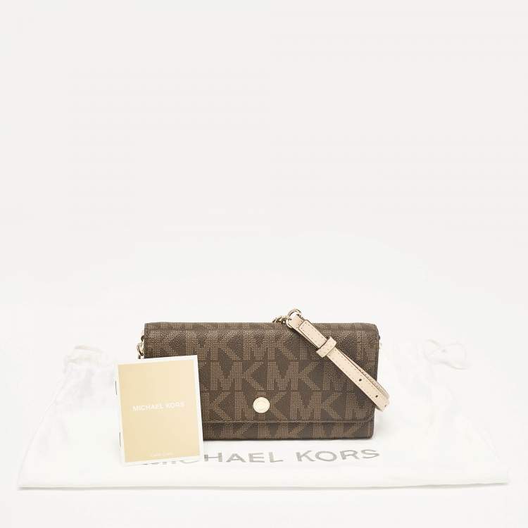 Pre Owned Michael Kors Dark Brown Signature Coated Canvas Jet Set Wallet On Chain