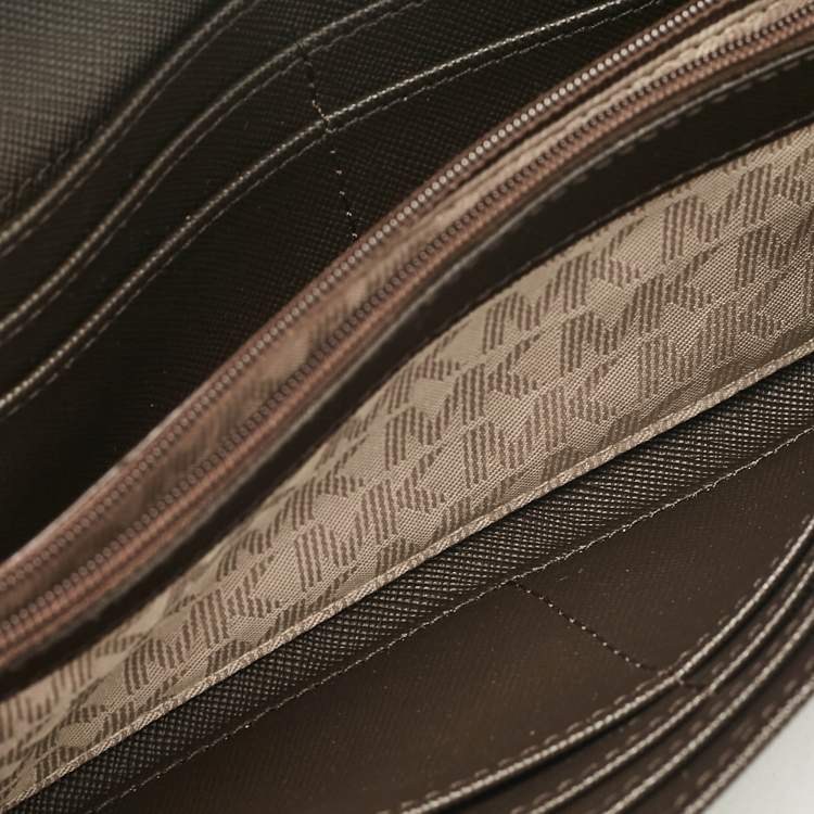 Pre Owned Michael Kors Dark Brown Signature Coated Canvas Jet Set Wallet On Chain