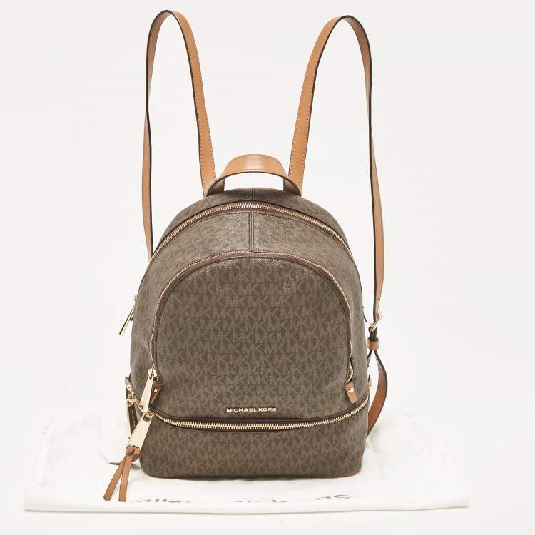 Pre Owned Michael Kors Brown Signature Coated Canvas and Leather Medium Rhea Backpack