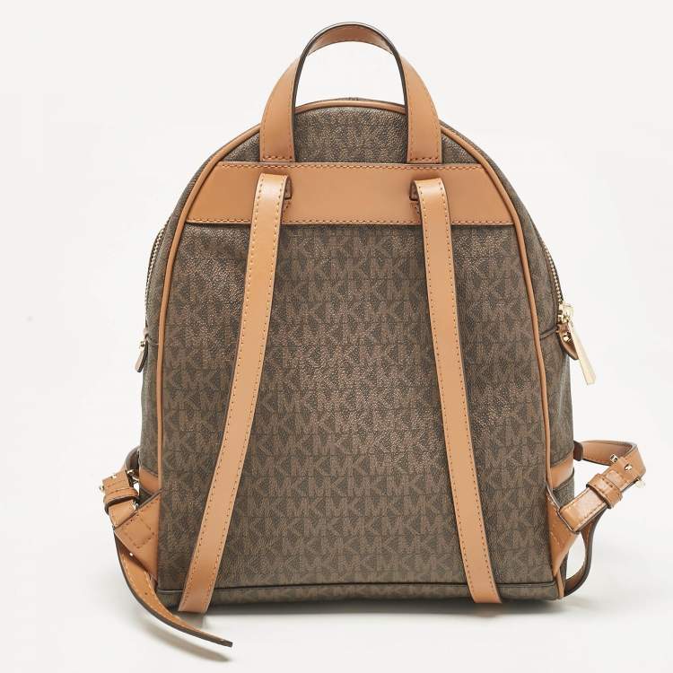 Pre Owned Michael Kors Brown Signature Coated Canvas and Leather Medium Rhea Backpack