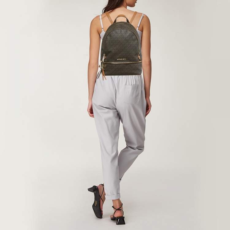 Pre Owned Michael Kors Brown Signature Coated Canvas and Leather Medium Rhea Backpack