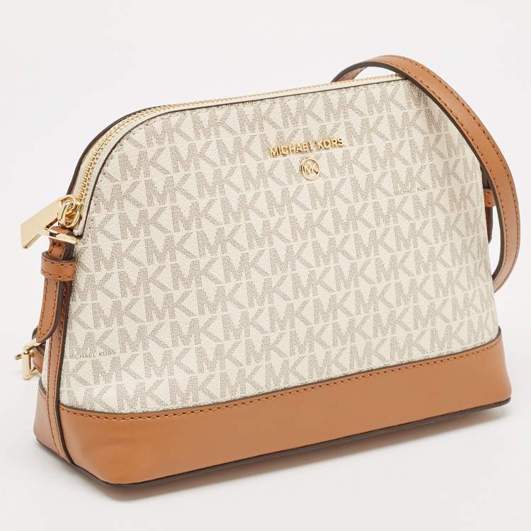 Pre Owned Michael Kors White/Brown Signature Coated Canvas and Leather Dome Crossbody Bag