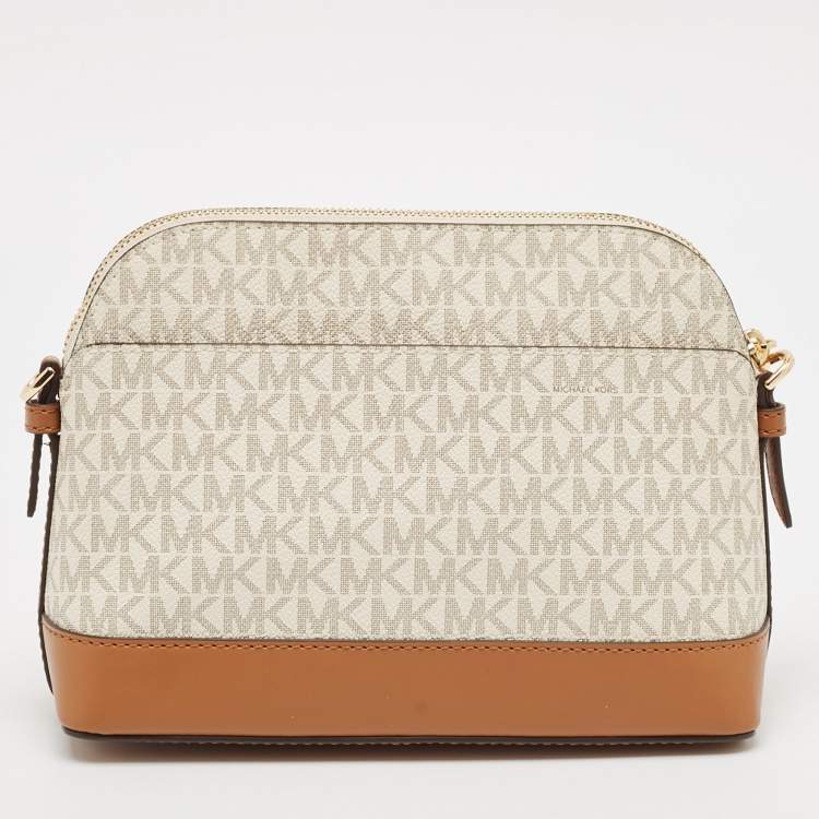Pre Owned Michael Kors White/Brown Signature Coated Canvas and Leather Dome Crossbody Bag