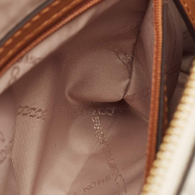 Pre Owned Michael Kors White/Brown Signature Coated Canvas and Leather Dome Crossbody Bag