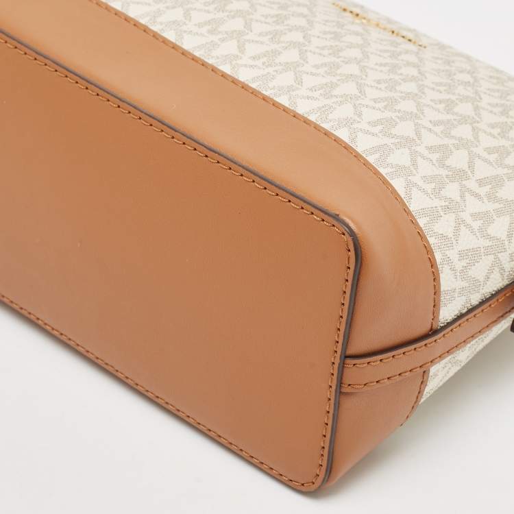 Pre Owned Michael Kors White/Brown Signature Coated Canvas and Leather Dome Crossbody Bag
