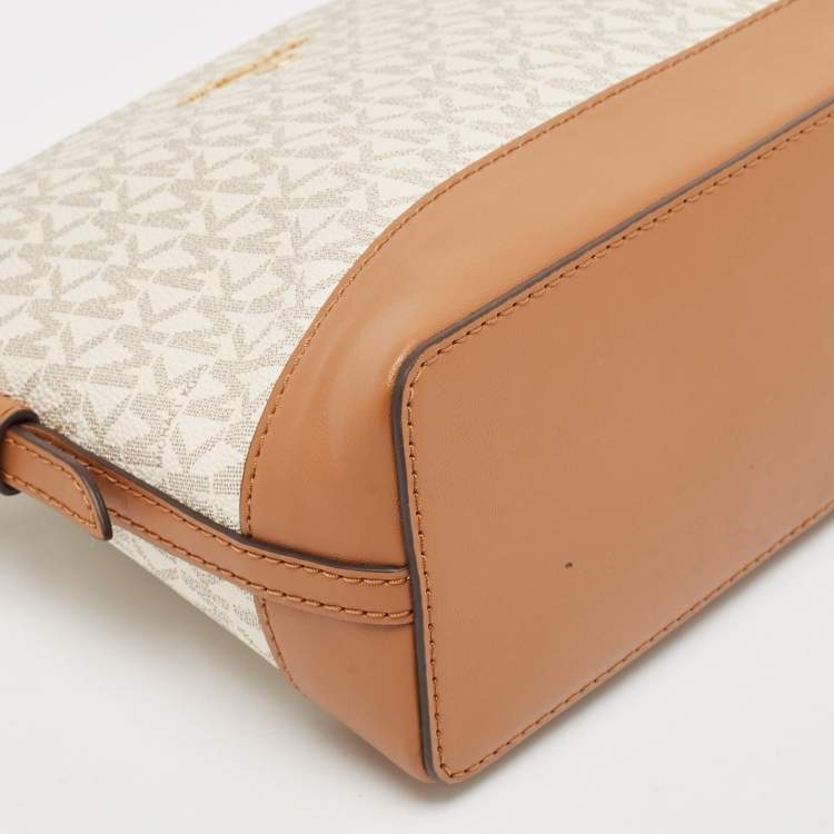 Pre Owned Michael Kors White/Brown Signature Coated Canvas and Leather Dome Crossbody Bag