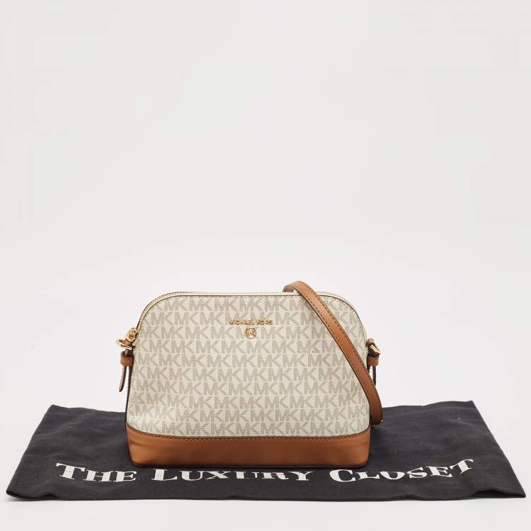 Pre Owned Michael Kors White/Brown Signature Coated Canvas and Leather Dome Crossbody Bag
