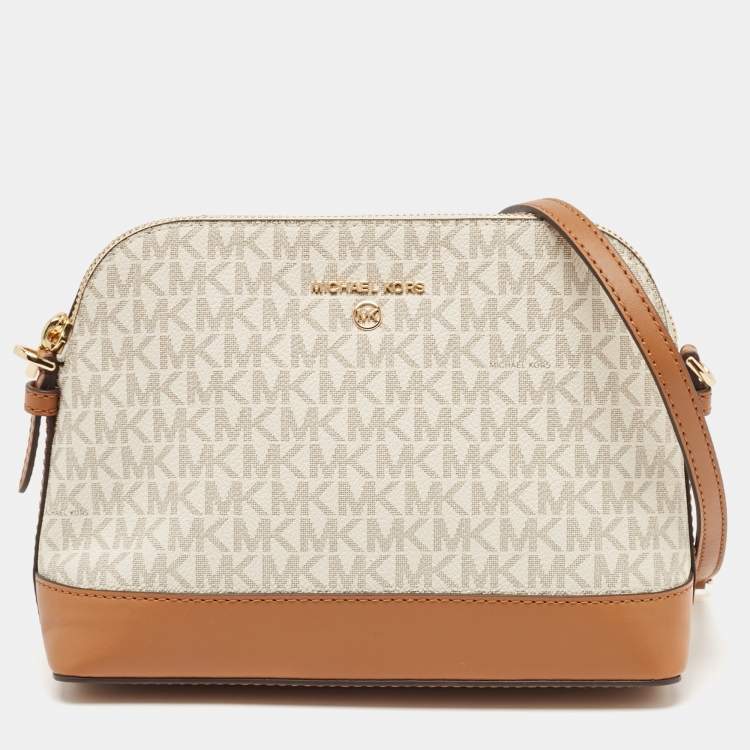 Pre Owned Michael Kors White/Brown Signature Coated Canvas and Leather Dome Crossbody Bag