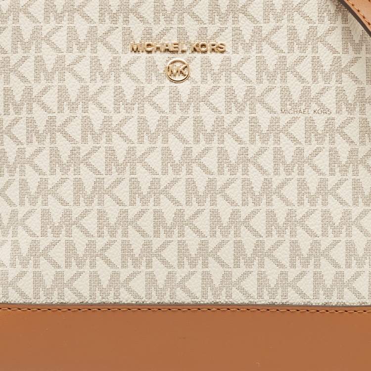 Pre Owned Michael Kors White/Brown Signature Coated Canvas and Leather Dome Crossbody Bag