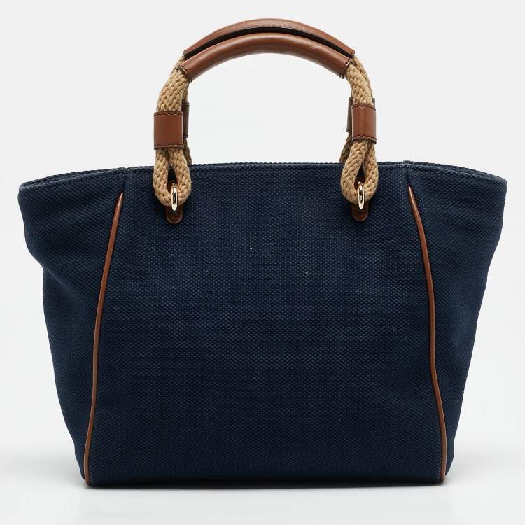 Pre Owned Michael Kors Navy Blue/Brown Canvas Small Talia Tote